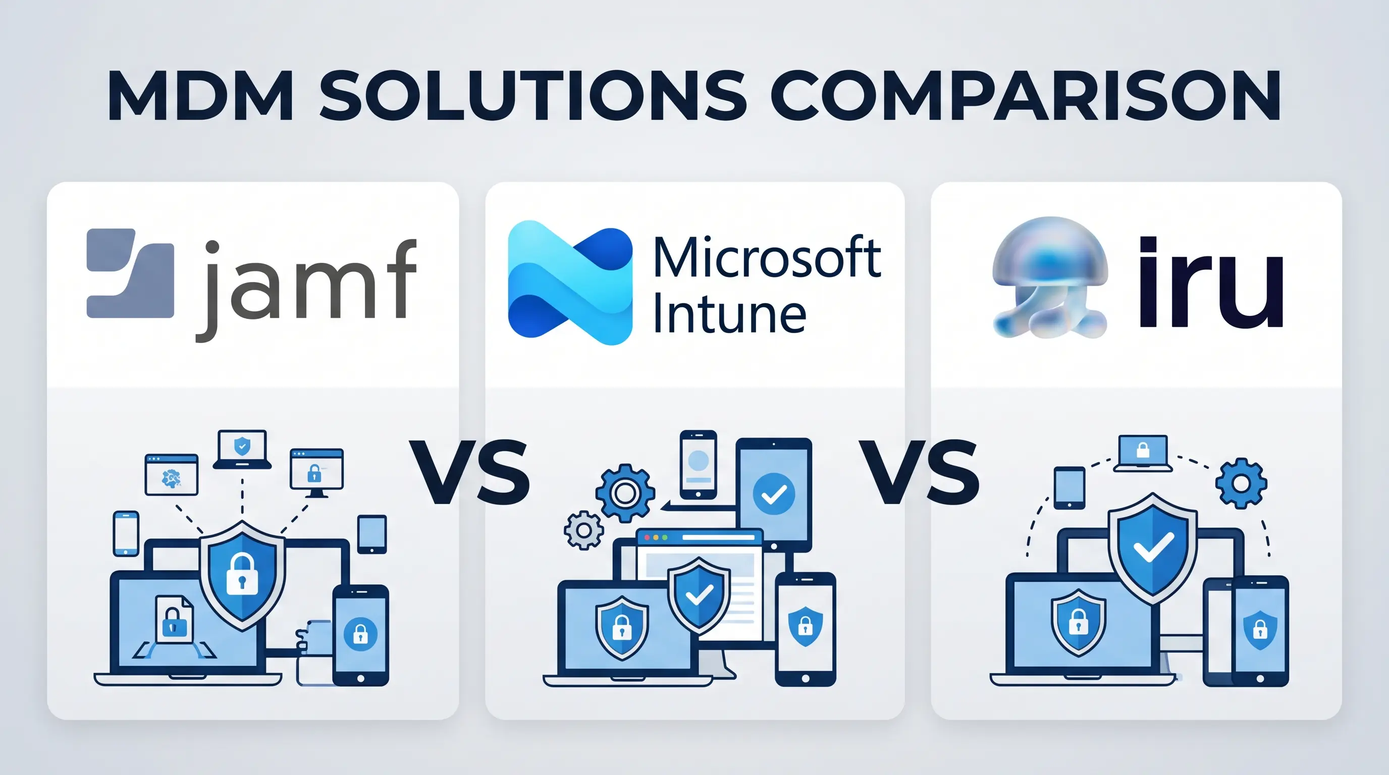 MDM solutions comparison: Jamf vs Microsoft Intune vs Iru, with logos and device icons for each platform