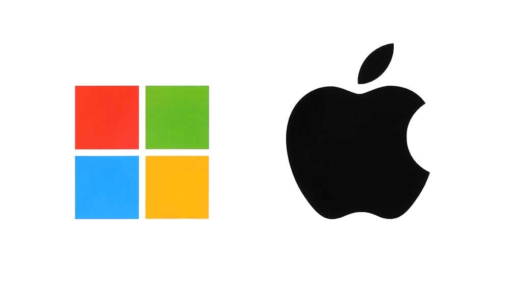 Apple logo and Windows logo side by side on a grey background