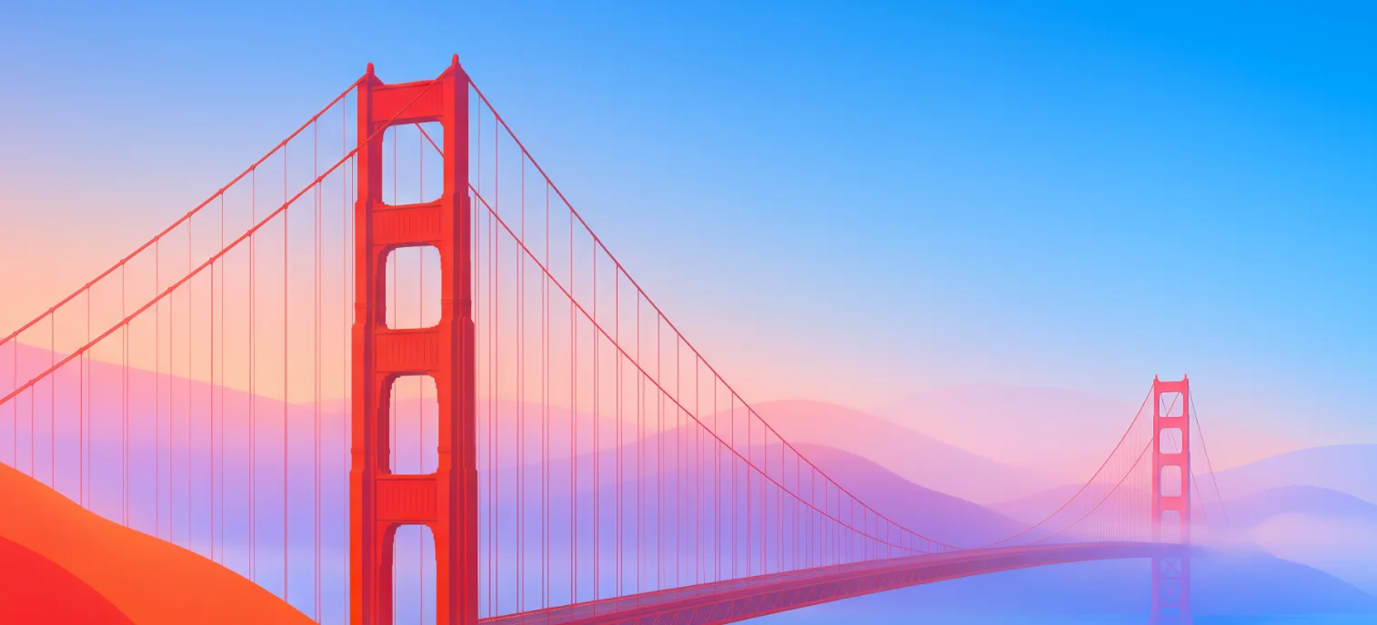 A stylised illustration of the Golden Gate Bridge reaching into fog at sunrise, marking the autumn 2026 release of macOS 27 Golden Gate