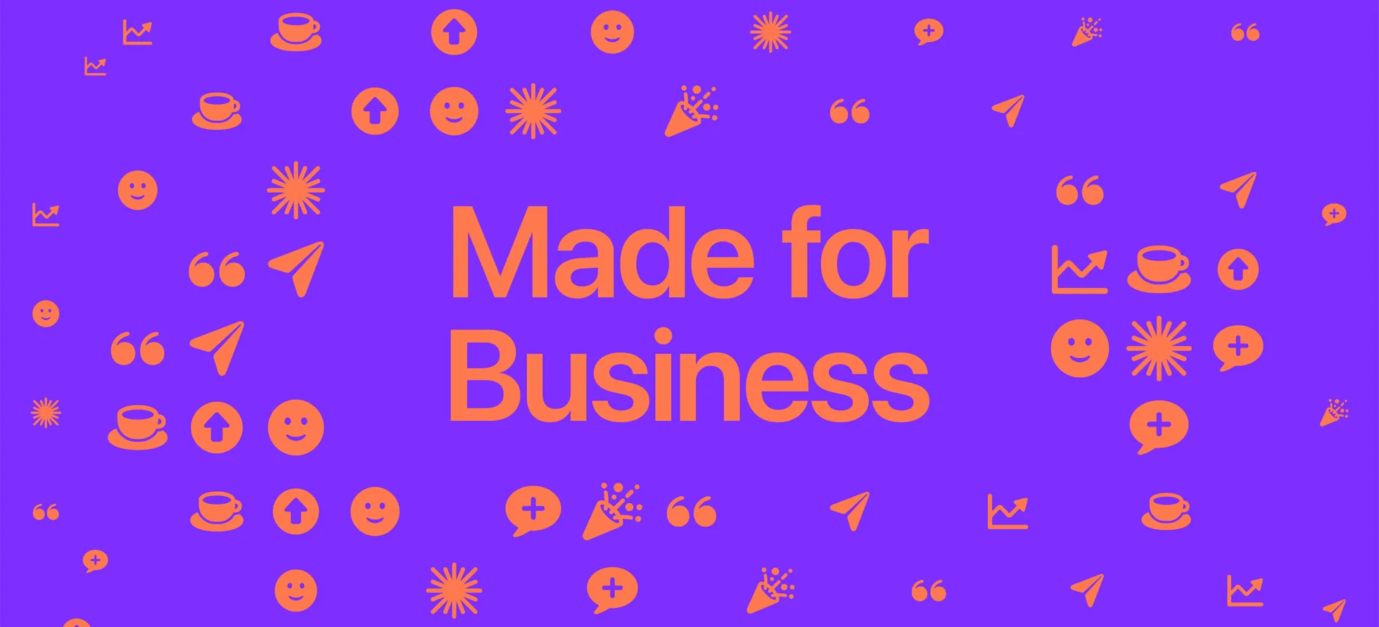 Apple's Made for Business artwork: orange icons of growth charts, coffee cups, and paper planes on a purple background