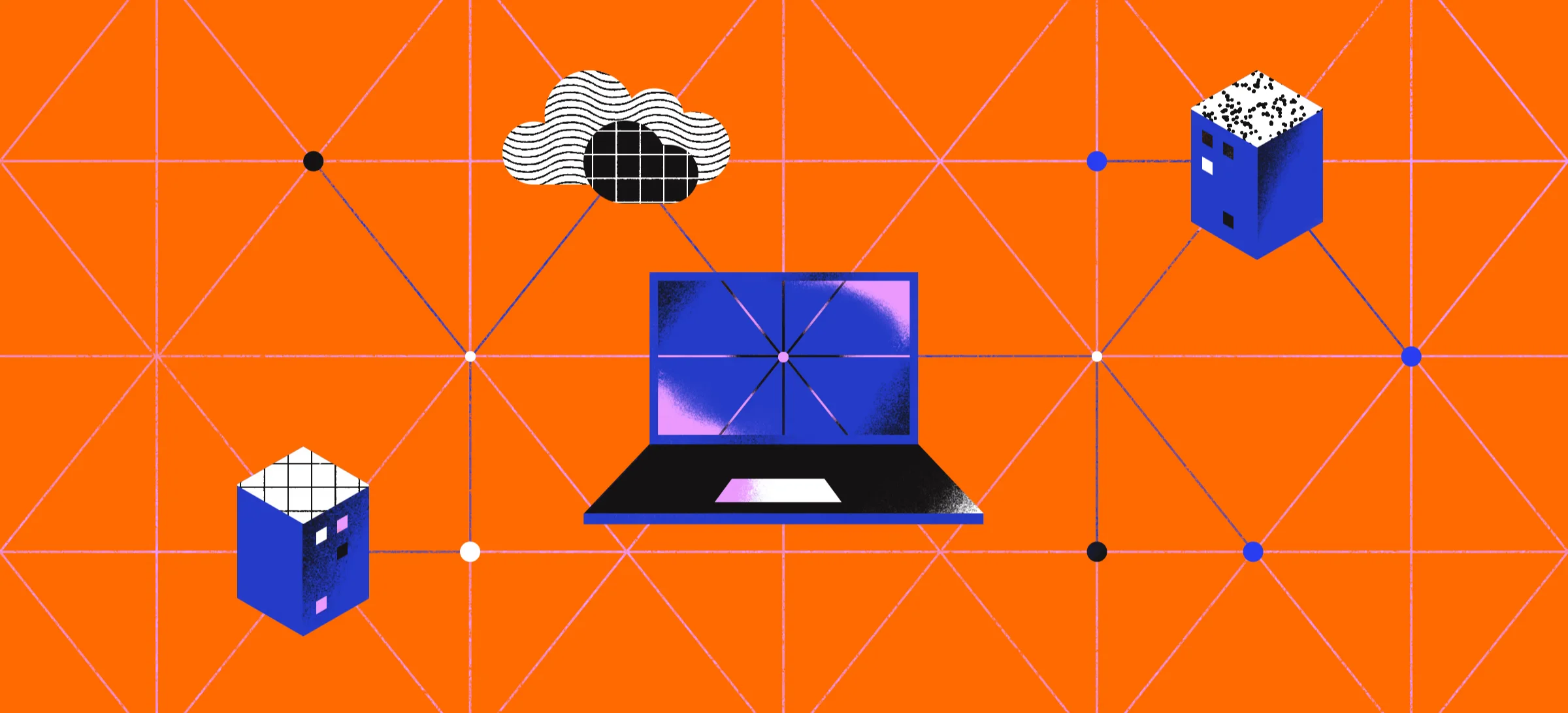 Illustration of a laptop, cloud and servers joined by a mesh of network lines on an orange background